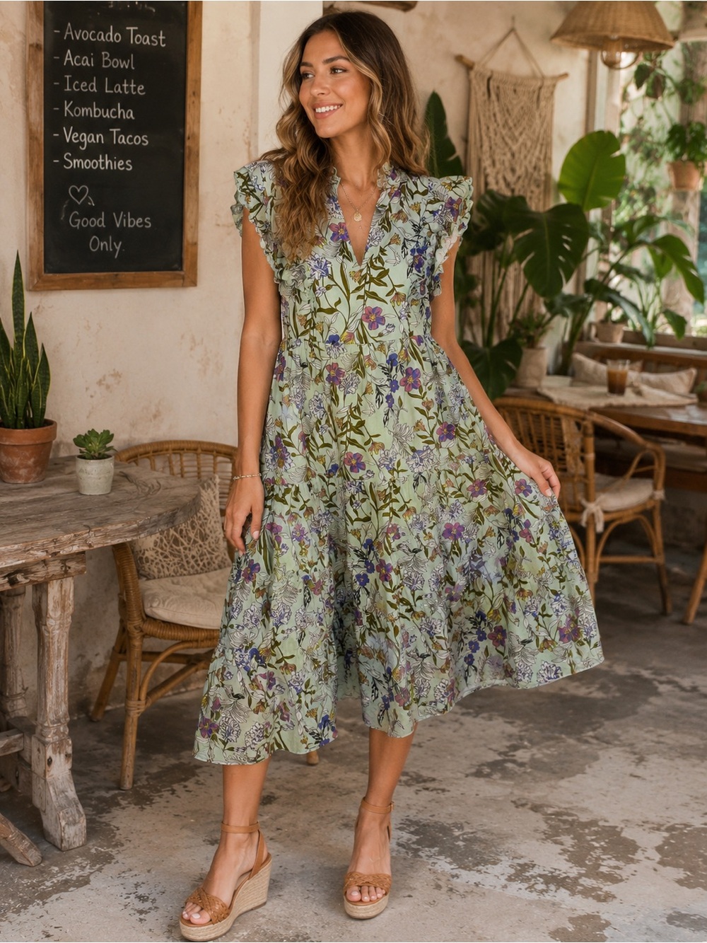 Umgee Sage Green Floral Ruffle Midi Dress